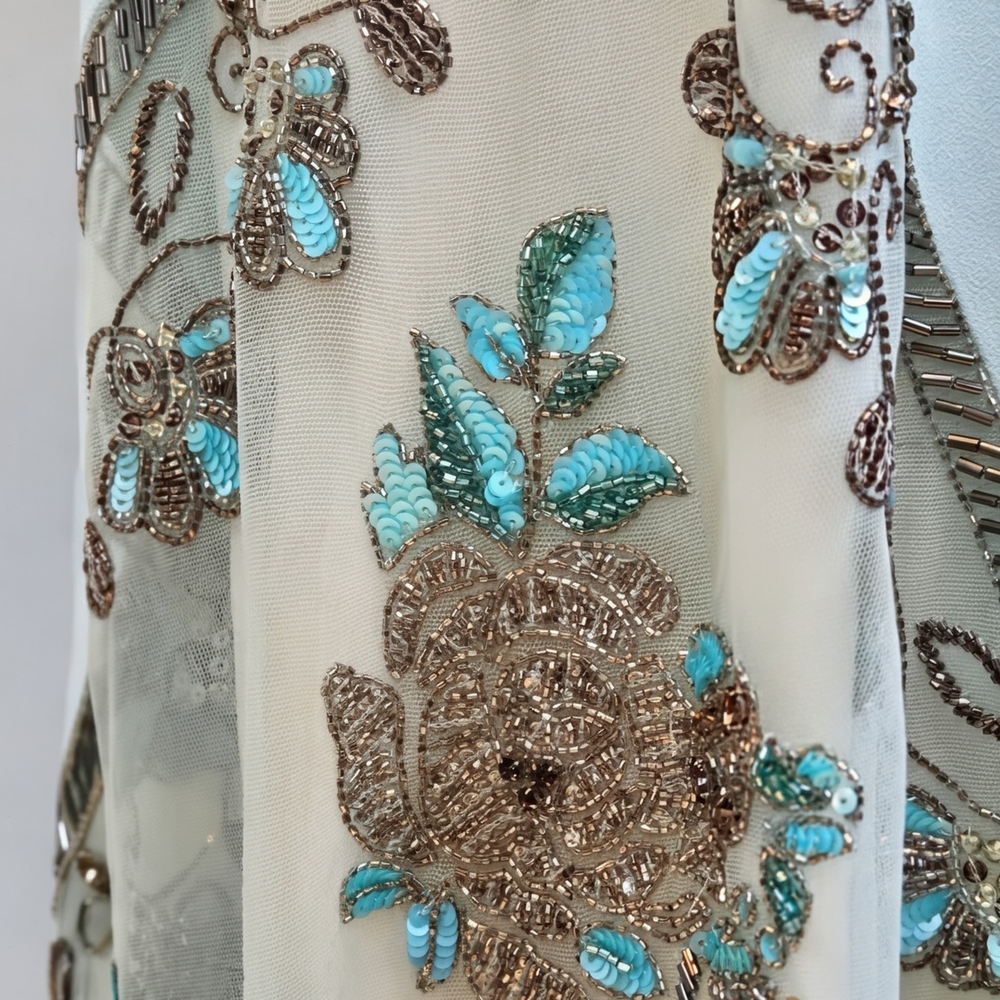 Blumarine Beaded Embroidered Aqua Gown • Made in Italy Sheer Floral Maxi Dress - Picture 4 of 15